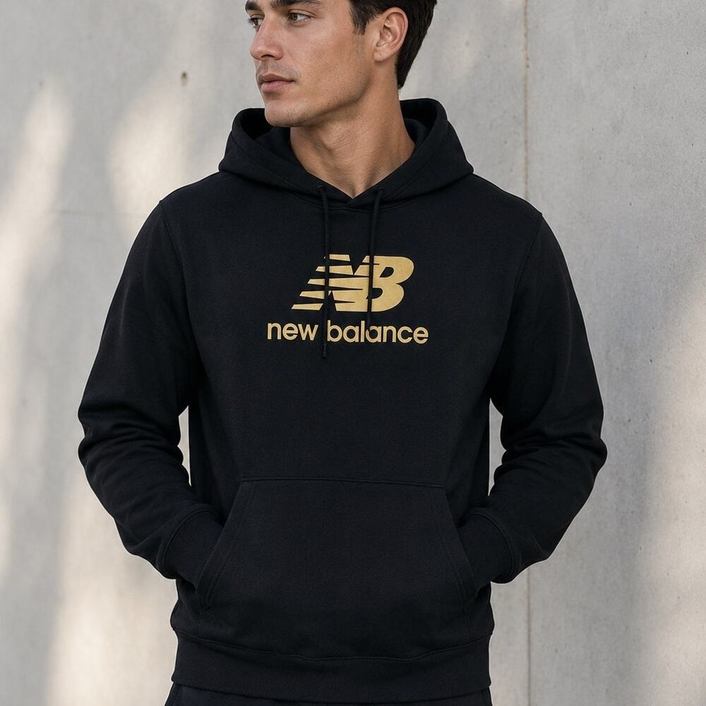 New Balance Essentials Logo Hoodie Black Gold Pullover Fleece Men's Medium NWT